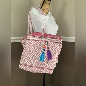 ESTEE LAUDER canvas colorful tassel tote medium sized bag NWOT